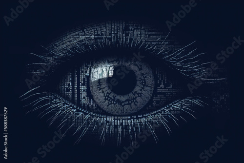 ASCII Art style Illustration of eye over blue background. Generative AI photo