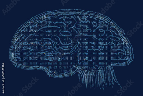 ASCII Art style Illustration of brain over blue background. Generative AI