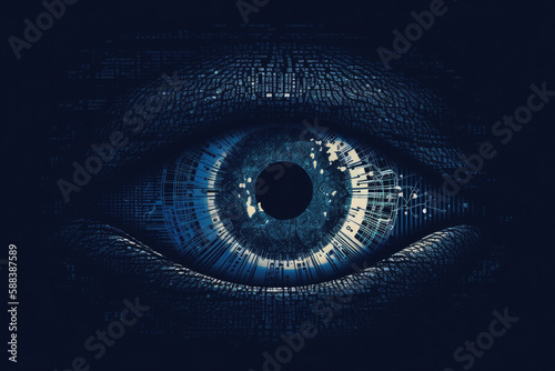ASCII Art style Illustration of eye over blue background. Generative AI