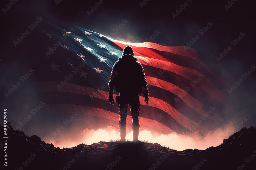 AI generated american hero patriot man at dark USA flag background ...