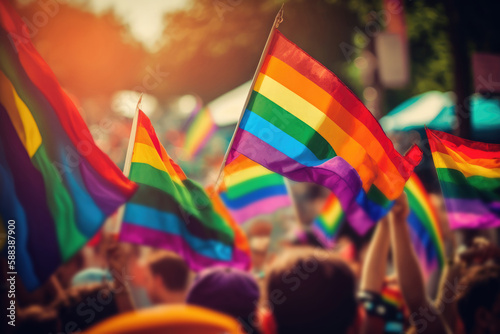 AI generated closeup rainbow flags of LGBT community blowing in wind at street of gay parade