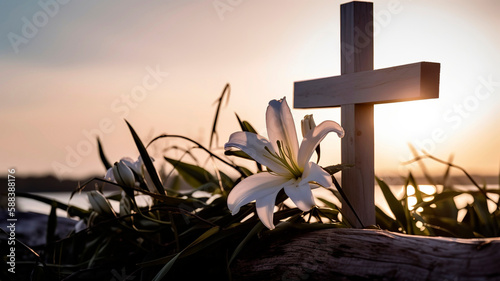 Peaceful Easter morning scene, featuring a wooden cross adorned with a crown of thorns and white lilies, set against a soft sunrise sky.