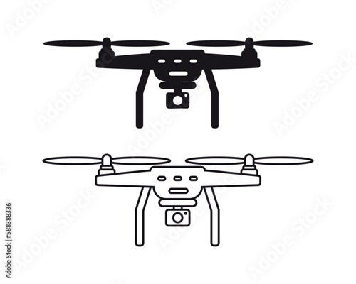 Quadcopter with camera, drone on distant control, vector black and outline drone icon