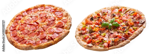 Obraz  z motywem pizza with bacon, mushrooms, salami and pepperoni pizza isolated on transparent background