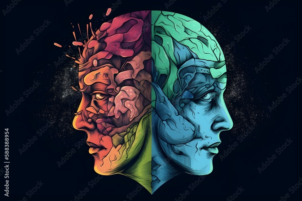 Illustration shows the good and the bad side, two faced, good versus evil, Generative AI - obrazy, fototapety, plakaty 