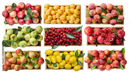 set of wooden boxes with fresh fruits isolated on transparent background, top view