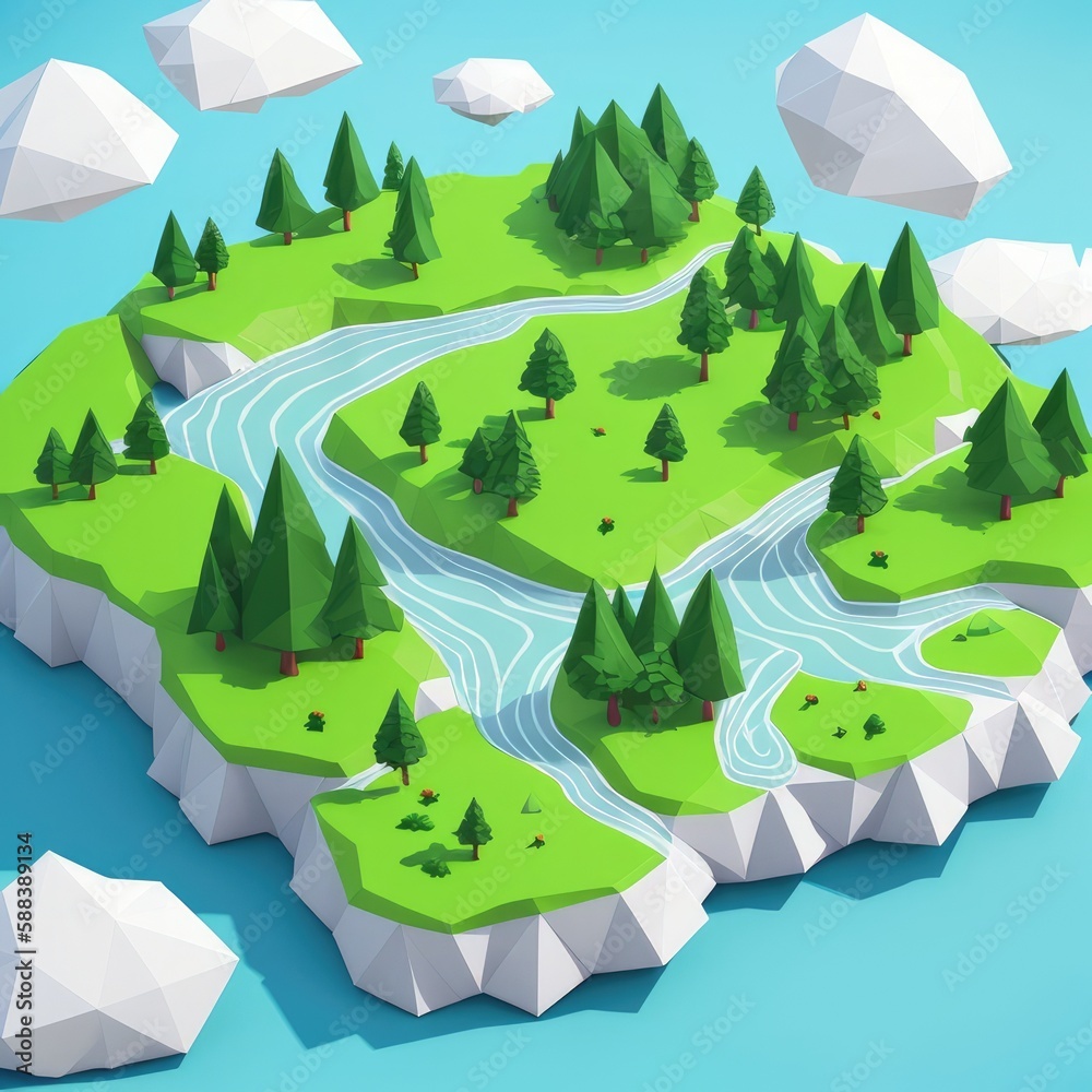 Obraz premium Low-poly city with building and trees. Generative AI.