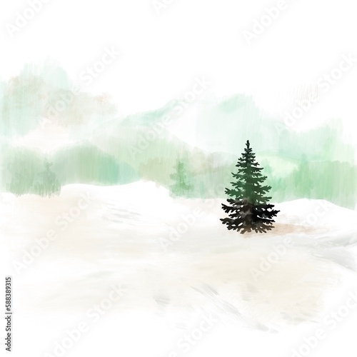 Winter foggy mountain landscape Lonely evergreen spruce on white background