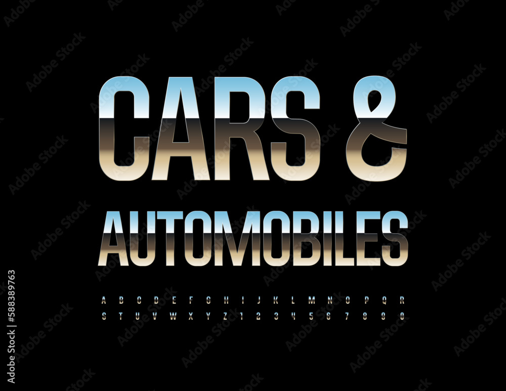 Vector industrial sign Cars and Automobiles. Glossy silver Font. Metallic set of elegant Alphabet Letters and Numbers