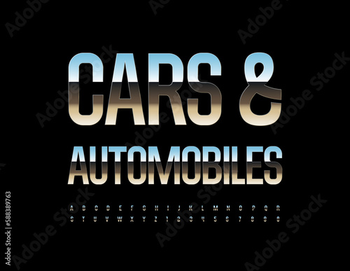 Vector industrial sign Cars and Automobiles. Glossy silver Font. Metallic set of elegant Alphabet Letters and Numbers