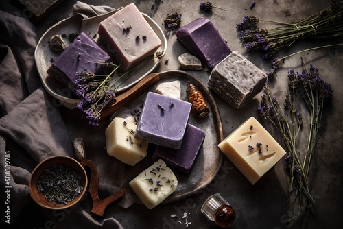 Luxurious natural soap bars with lavender, cotton, and patchouli, flat lay arrangement on stone background, organic and sustainable. generative ai photo