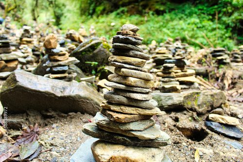A Stone Cairn is a common sign in rivers across Nepal as a symbol of good spirits and safe passage through the valleys and passes