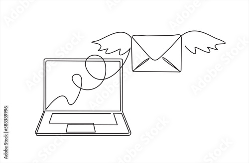 Laptop and Flying envelopes e mail list building illustration continuous one line art illustration. Can used for logo, emblem, slide show and banner. Illustration with quote template. 