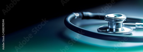 Medical Stethoscope Blue Banner with Copy Space. Online medical, e-health education, Health business web banner. Generative ai