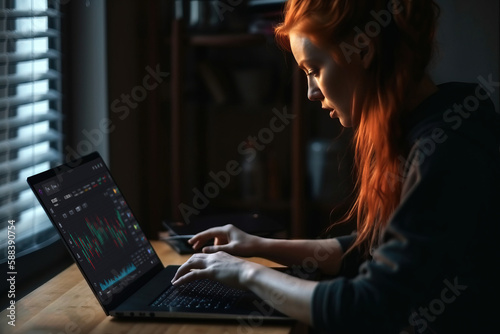 red hair woman working on laptop in dark room photo