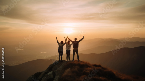 Photo of 3 people standing in the top of a mountain celebrating their success  Generative AI