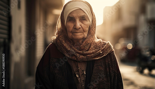 Senior woman in warm clothes standing on street photo