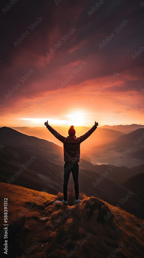 Adventurer in the top, raising arms, sunset landscape, success theme, Generative AI