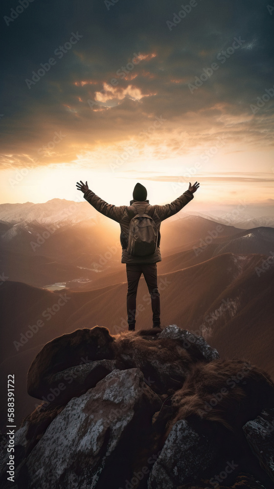 Photo of a person in the top of a mountain on sunset with both hands raised celebrating victory and success, Generative AI