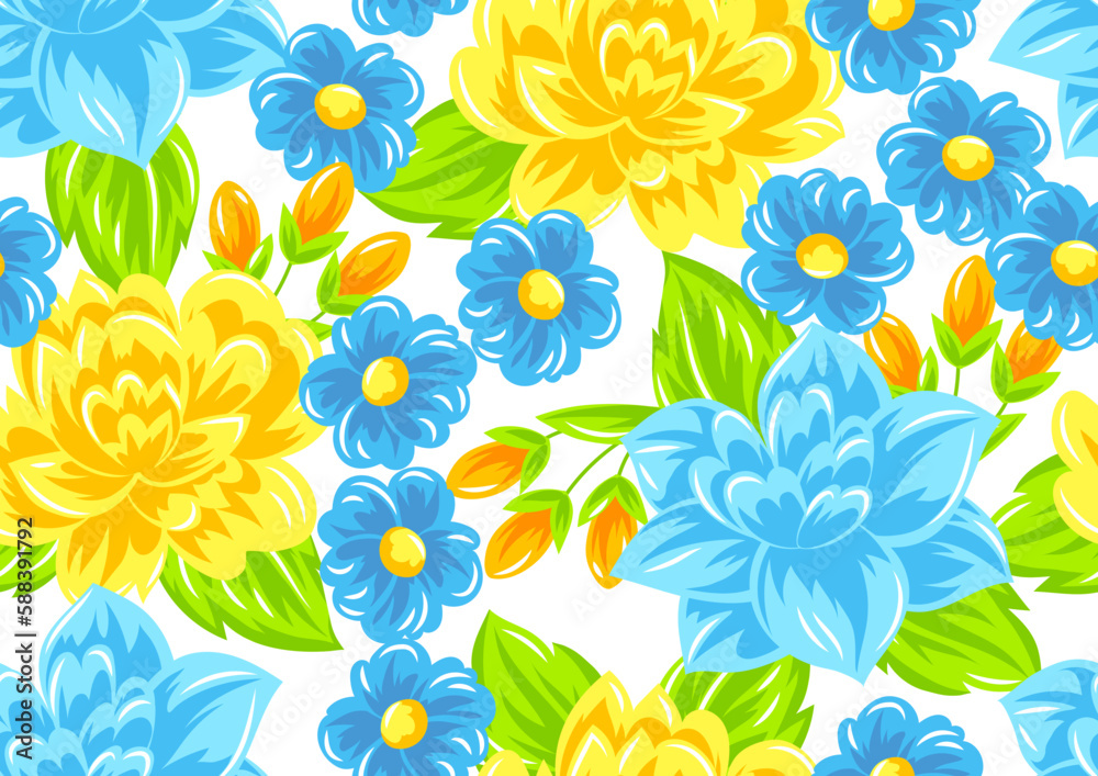 Seamless pattern with flowers. Beautiful bouquet of blooming plants. Natural illustration.