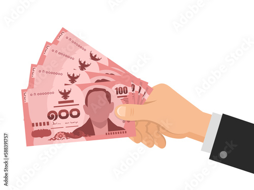 Hand holds money thai baht 100 banknotes. One hundred THB. Business concept. Give cash bonus. Isolated on white background. Flat style. Vector illustration.