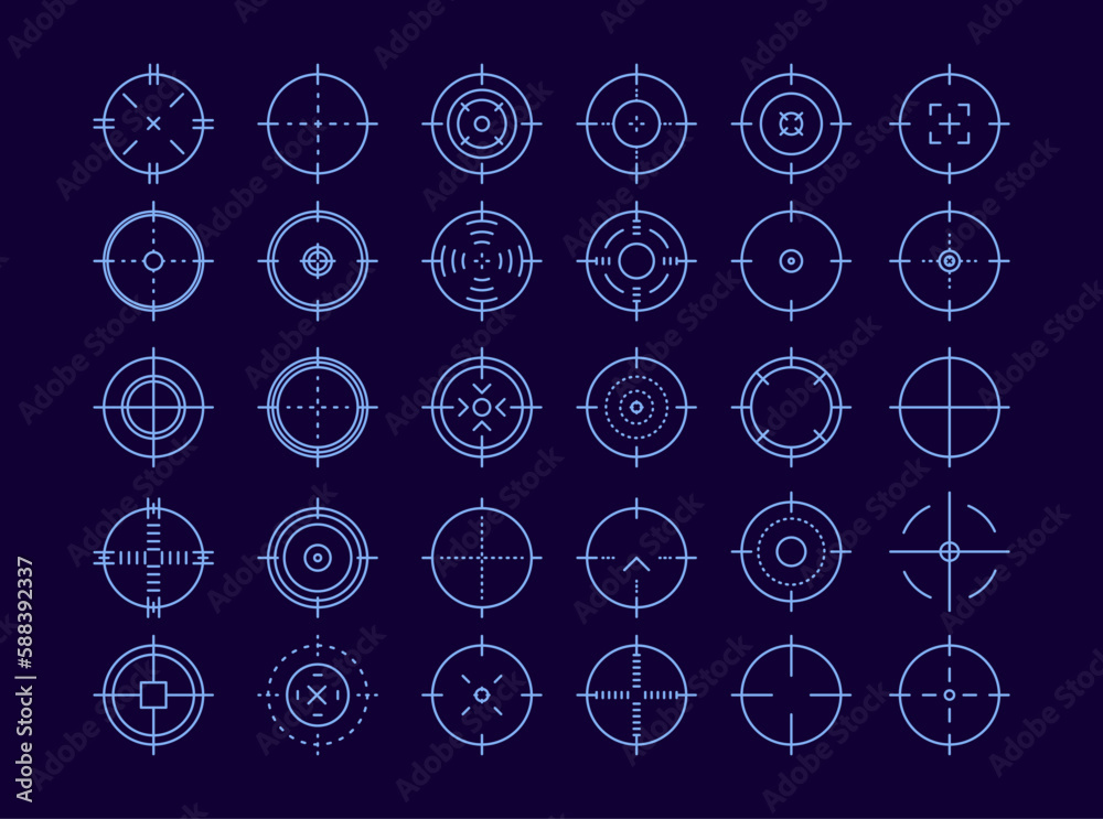 Crosshair gun sight vector icons set. Bullseye, target or aim symbol