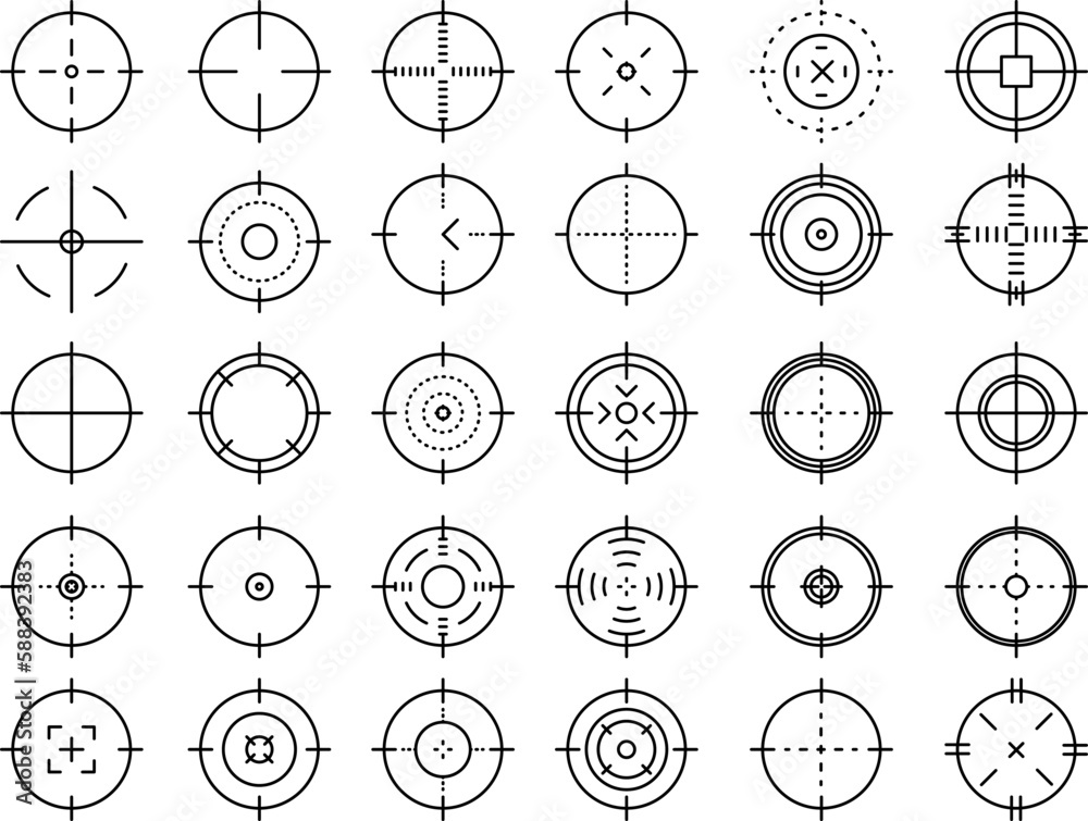 Crosshair gun sight vector icons set. Bullseye, target or aim symbol