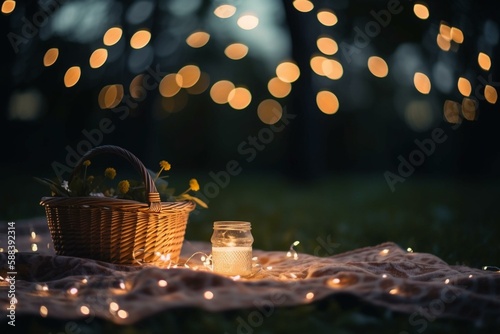 A bokeh background of a romantic picnic under a starry night Generative AI