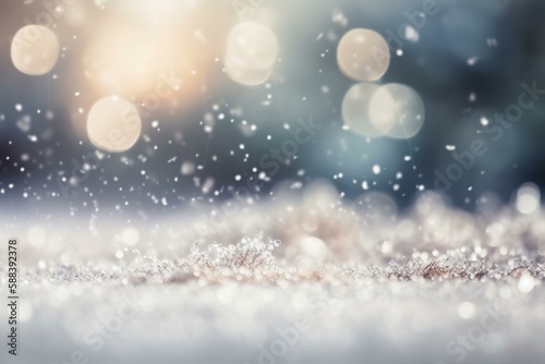 A bokeh background of a magical winter wonderland with glittering snow Generative AI © Denis Yevtekhov