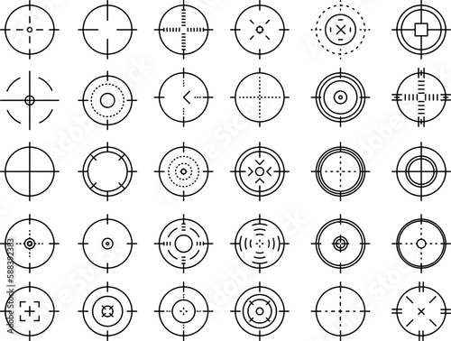 Crosshair gun sight vector icons set. Bullseye, target or aim symbol. Futuristic aim pointer. Military rifle scope, shooting mark sign. Targeting, aiming. Archery, hunting vector