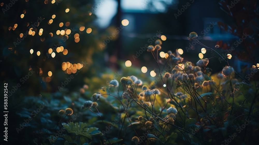A bokeh background of a garden at nightfall Generative AI A bokeh background of a garden at nightfall Generative AI