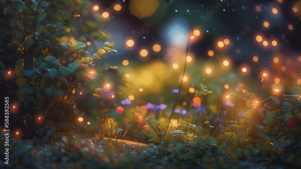 A bokeh background of a whimsical garden with twinkling lights Generative AI