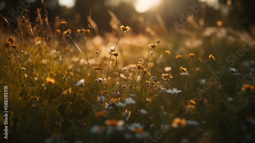 A bokeh background of a field of wildflowers in the morning sun Generative AI