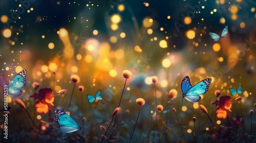 A bokeh background of a whimsical garden with colorful butterflies and dragonflies Generative AI © Denis Yevtekhov