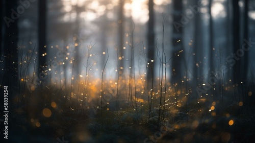 A bokeh background of a misty forest at dusk Generative AI © Denis Yevtekhov