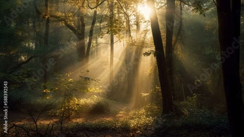 A bokeh background of a calm forest with rays of sunlight shining through the trees Generative AI © Denis Yevtekhov