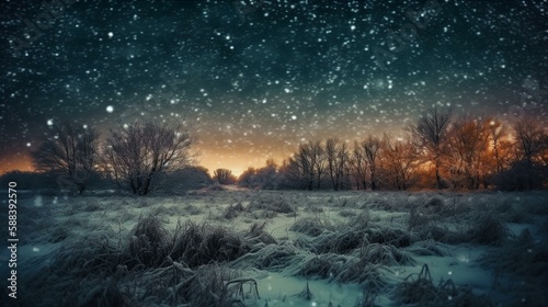 A bokeh background of a snowy landscape under the stars Generative AI © Denis Yevtekhov