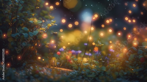 A bokeh background of a whimsical garden with twinkling lights Generative AI