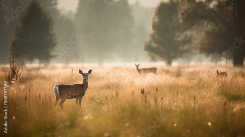 A bokeh background of a peaceful meadow with grazing deer Generative AI
