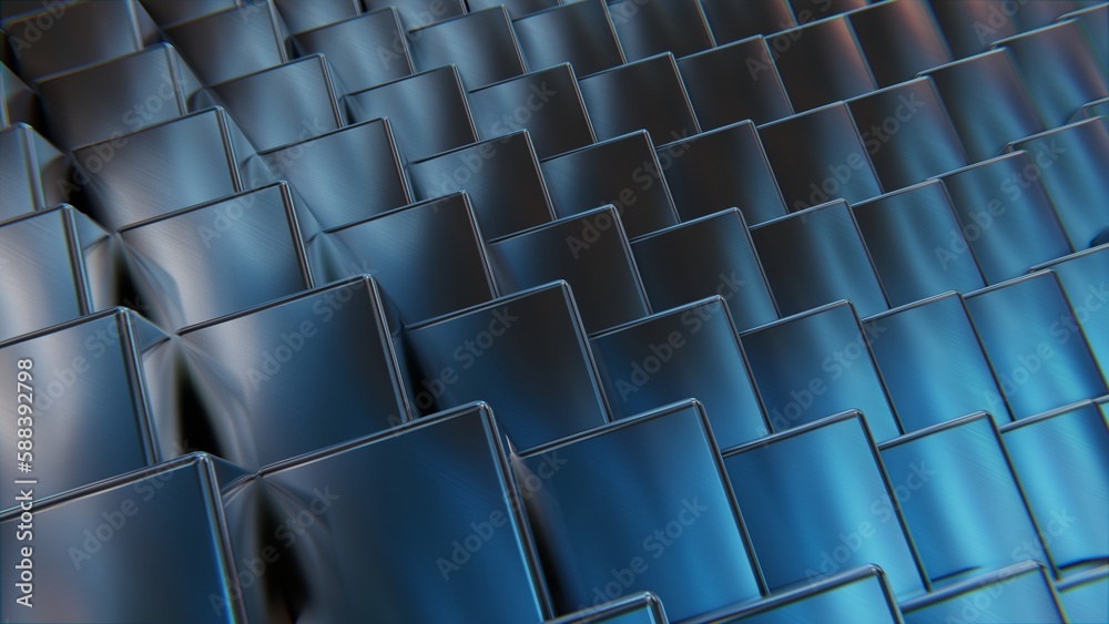 Steel shiny blue cubes, abstract symmetrical background. 3d render