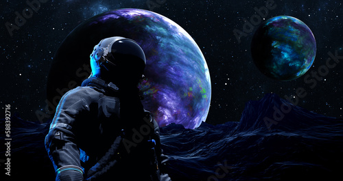Fototapeta Naklejka Na Ścianę i Meble -  Astronaut cosmonaut discovery of new worlds of galaxies panorama, fantasy portal to far universe. Astronaut space exploration, gateway to another universe. 3d render