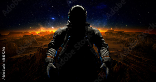 Astronaut cosmonaut discovery of new worlds of galaxies panorama, fantasy portal to far universe. Astronaut space exploration, gateway to another universe. 3d render © angel_nt