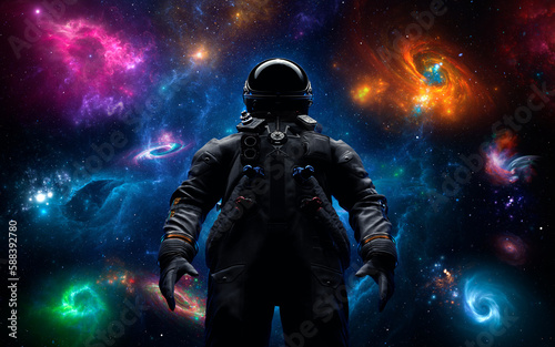 Fototapeta Naklejka Na Ścianę i Meble -  Astronaut cosmonaut discovery of new worlds of galaxies panorama, fantasy portal to far universe. Astronaut space exploration, gateway to another universe. 3d render