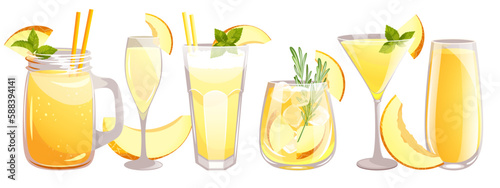 Melon cocktail set. Martini, bellini, juice, smoothie with melon slices, milkshake. Summer refreshing cocktails. Vector illustration.