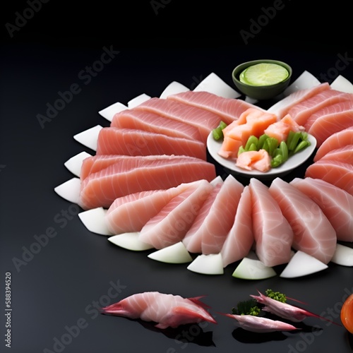 Japanese cuisine sashimi set. Sushi on a black textured background. Generative AI.