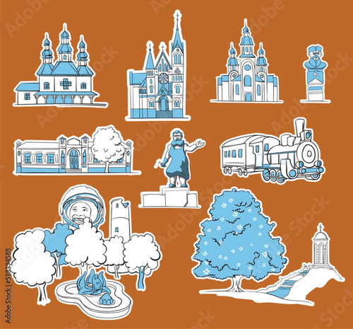 Set of pictures with well-known places and monuments of small ukrainian town Fastiv