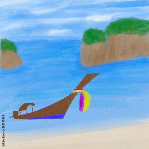 Natural scenery of a beautiful tropical beach with the boat on a sunny day  painted in watercolor.