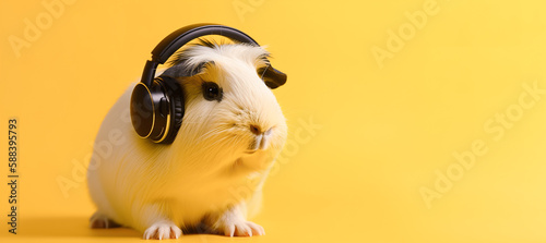 Guinea pig in headphones on a yellow background, banner. AI generated photo
