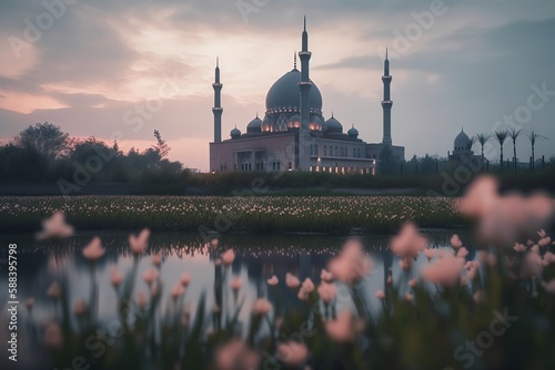 mosque full object perspective photo generate AI, for ramadhan kareem, eid al fitr, eid adha, islamic event photo
