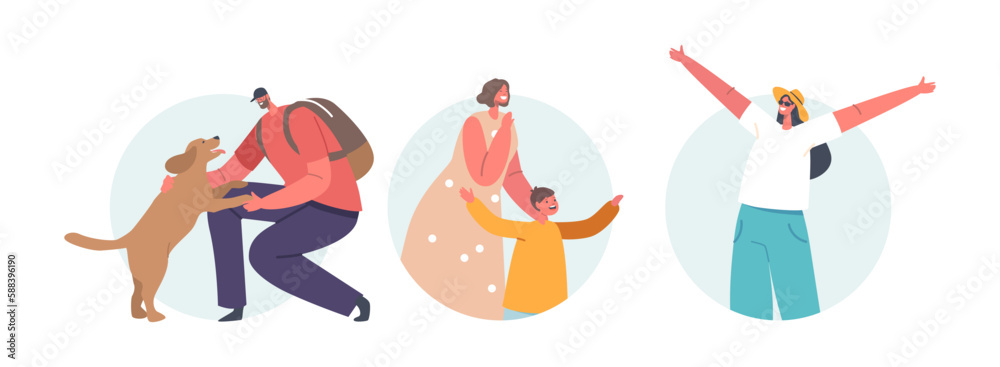 People Returning Home Isolated Round Icons or Avatars. Owner Meet Happy Dog, Woman with Child, Cheerful Girl Rejoice